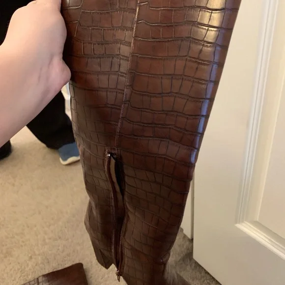 Brown Croc-Embossed Knee-High Boots - Picture 3 of 4